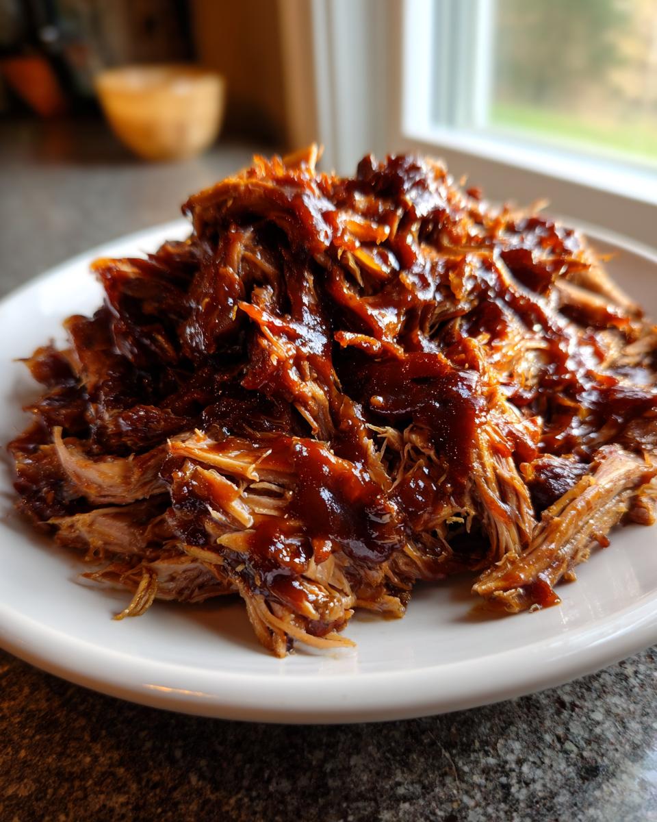 A close-up of shredded, saucy Slow Cooker Pulled Pork piled high on a white plate.