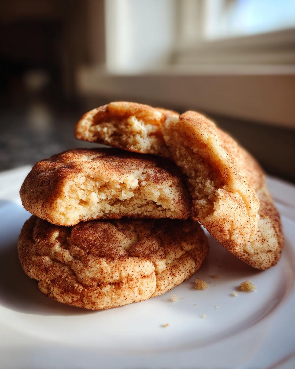 A stack of three soft, chewy Snickerdoodle cookies, one broken in half to show the texture.
