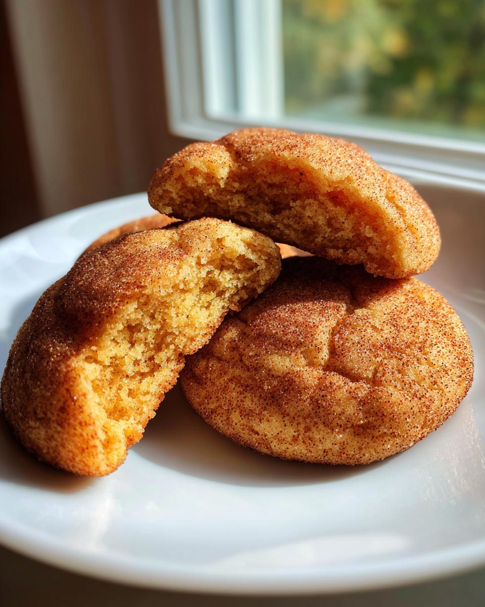 Close-up of soft, chewy Snickerdoodle cookies stacked on a white plate, one broken open to show the texture.