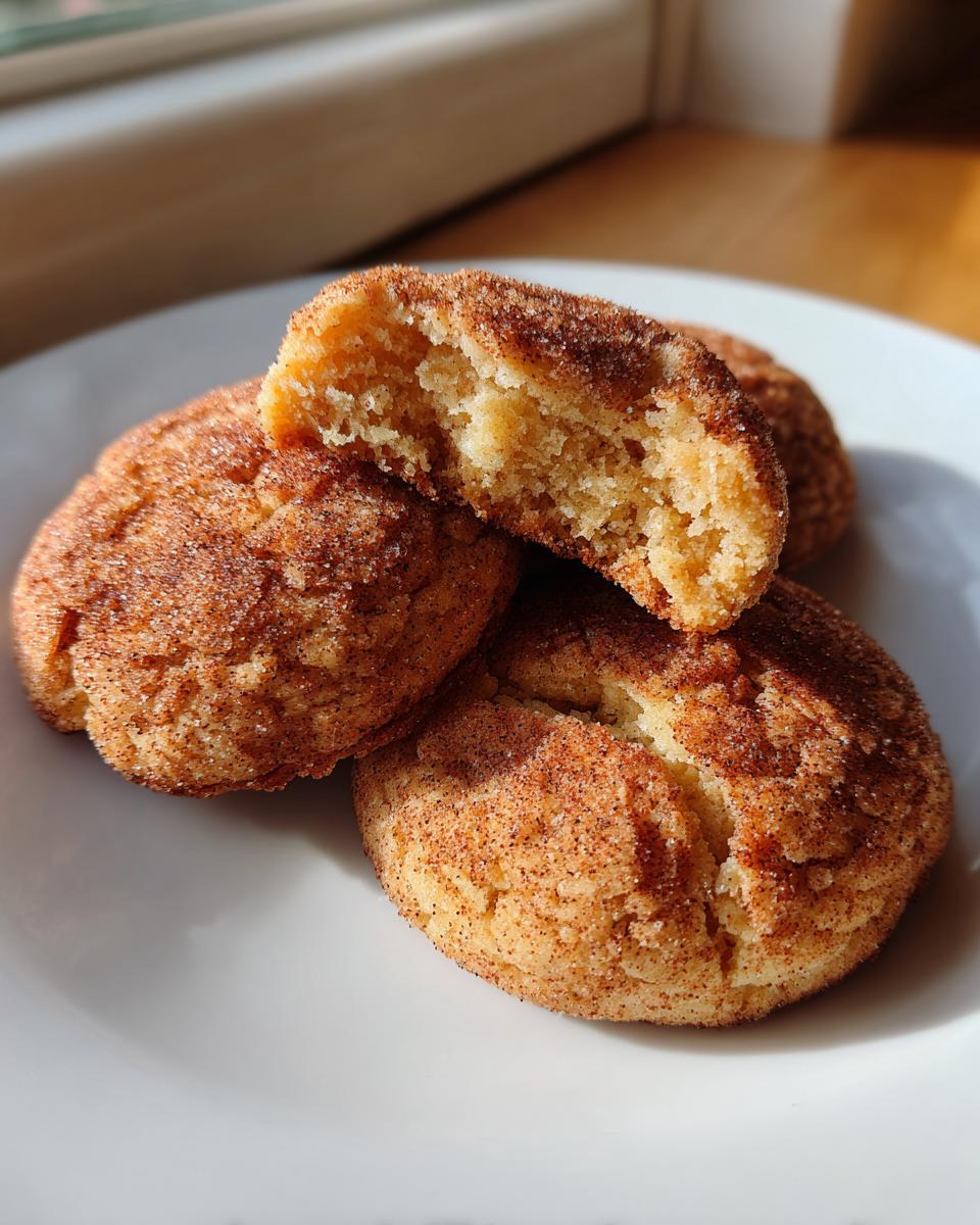 Close-up of three Snickerdoodle cookies on a white plate, one broken open showing the soft, chewy interior.