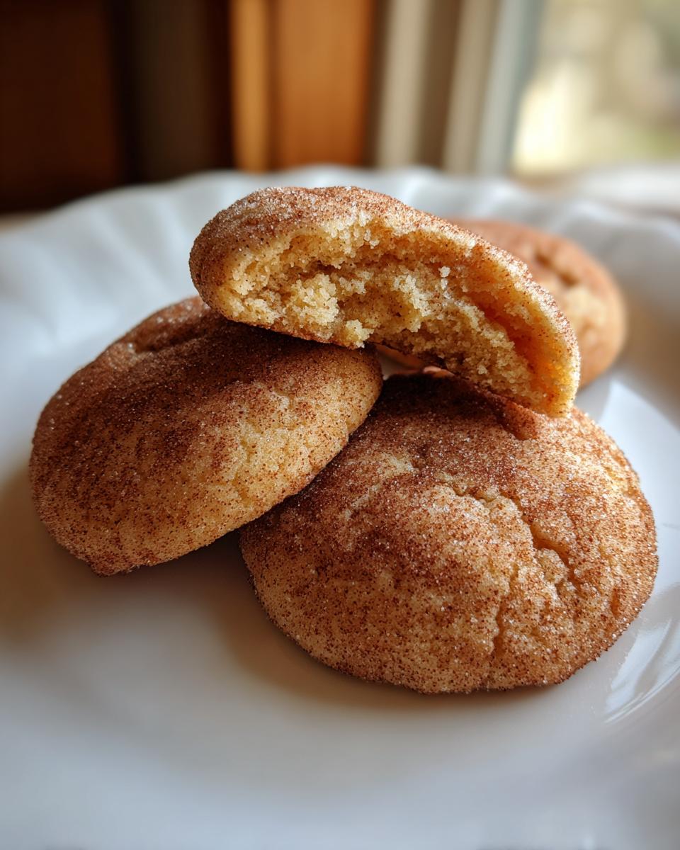 Close-up of soft, chewy Snickerdoodle cookies, one broken in half showing the texture.