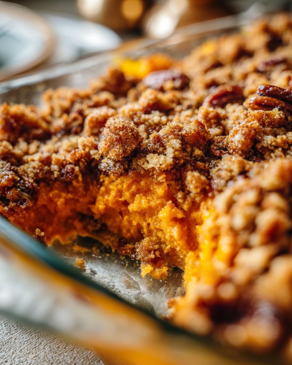 A close-up view of a scoop taken out of a southern sweet potato casserole topped with a brown sugar and pecan crumble.