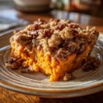 A close-up of a rich, orange slice of southern sweet potato casserole topped with a brown sugar and pecan crumble.