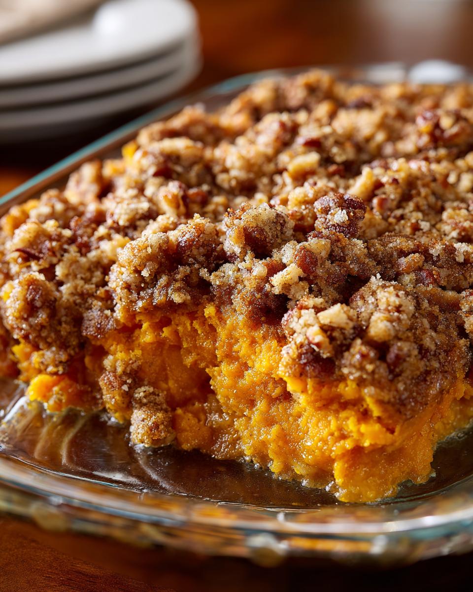 A close-up view of a scoop taken from a southern sweet potato casserole featuring a rich orange filling and a crunchy pecan streusel topping.