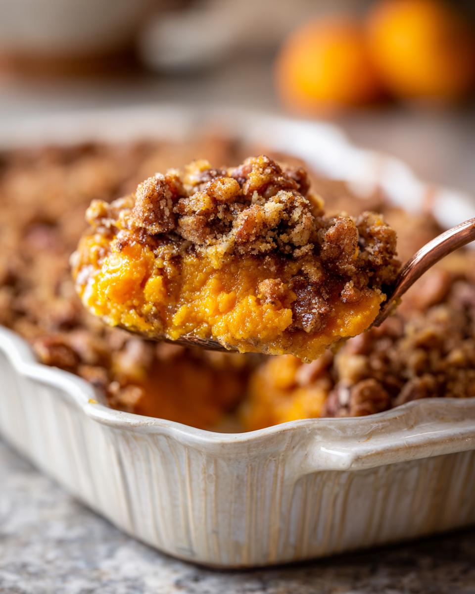 A spoonful of creamy southern sweet potato casserole topped with a crunchy pecan streusel being lifted from a baking dish.