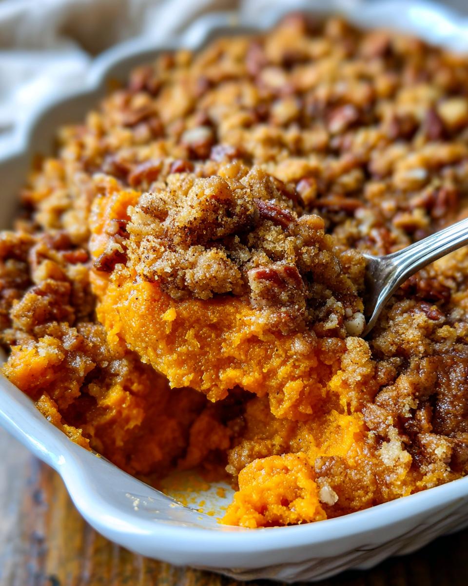 A spoonful being lifted from a rich, orange southern sweet potato casserole topped with a crunchy pecan streusel.