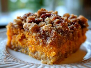 Close-up of a rich, orange slice of southern sweet potato casserole topped with a brown sugar and pecan crumble.