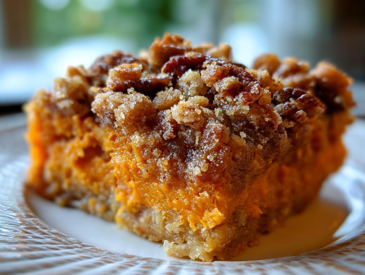 Close-up of a rich, orange slice of southern sweet potato casserole topped with a brown sugar and pecan crumble.