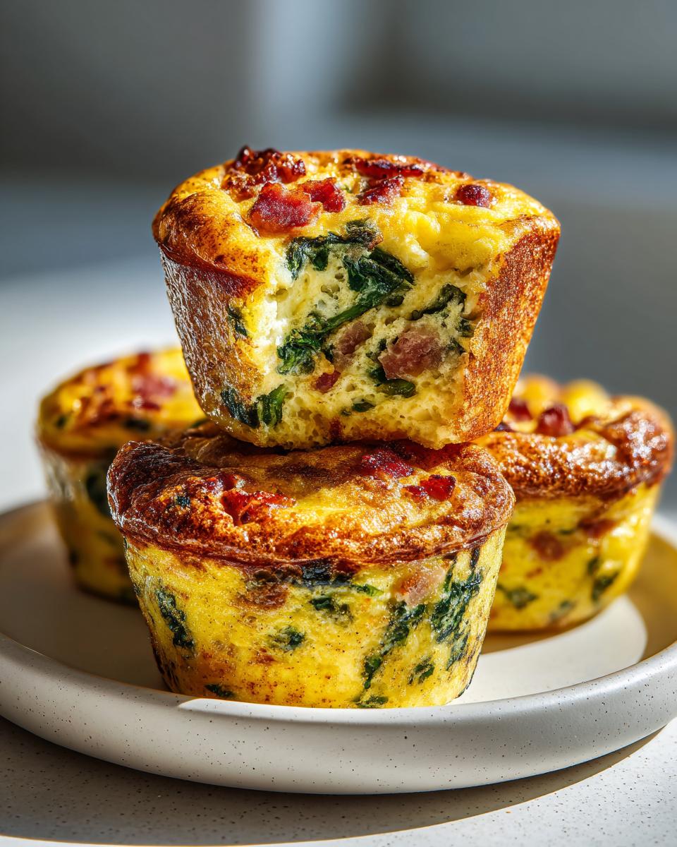 A stack of three savory Egg Muffin Cups filled with spinach and bacon, one on top has a bite taken out.