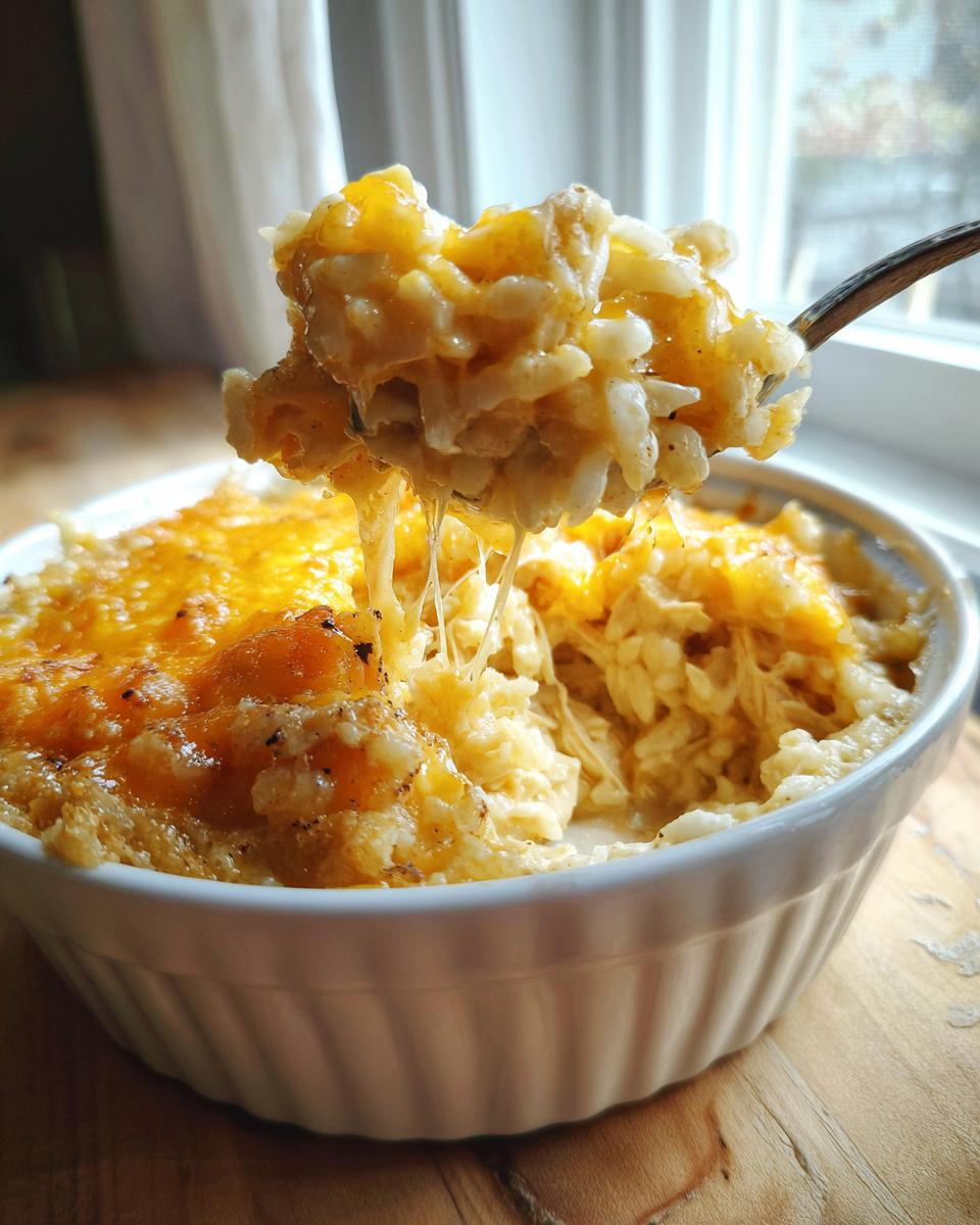 A spoonful of creamy, cheesy chicken and rice lifted from a white ramekin, showing a long cheese pull.