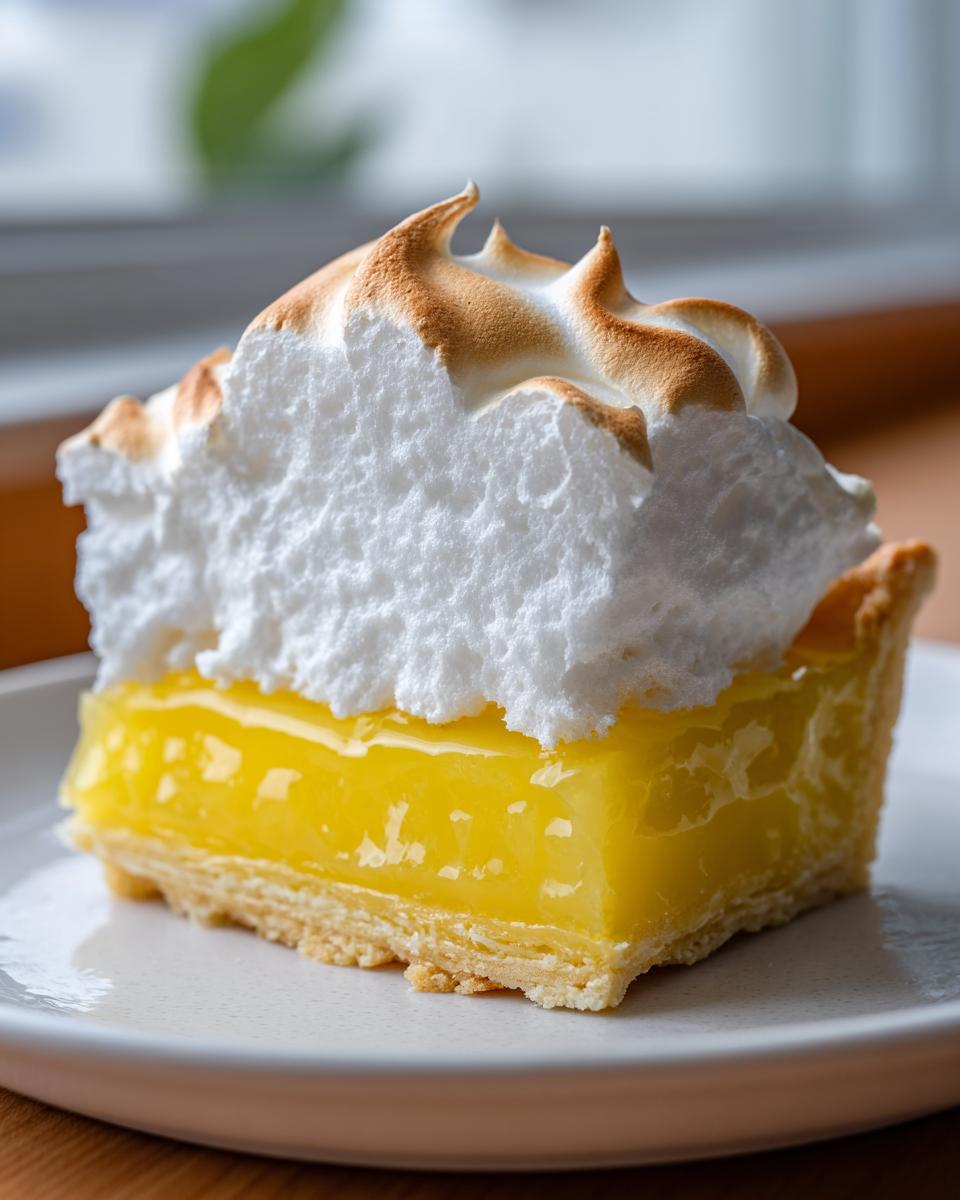 Close-up of a slice of bright yellow lemon meringue pie showing the glossy filling and tall, torched meringue.