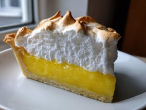 A close-up slice of stunning lemon meringue pie showing bright yellow curd and tall, toasted meringue peaks.