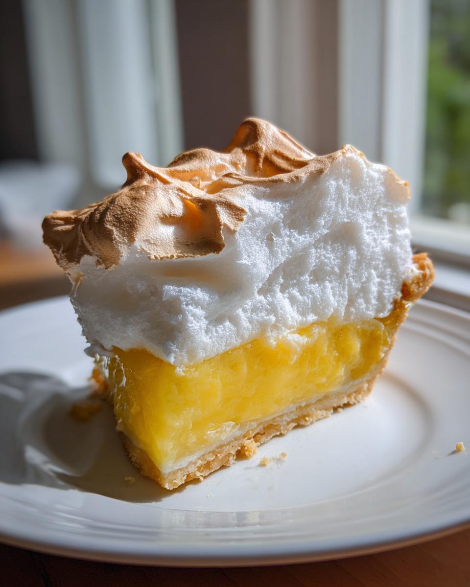 A tall slice of lemon meringue pie showing thick, bright yellow curd and fluffy, torched meringue on a white plate.