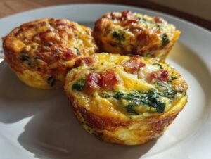 Three golden brown, savory Egg Muffin Cups filled with bacon and spinach served on a white plate.