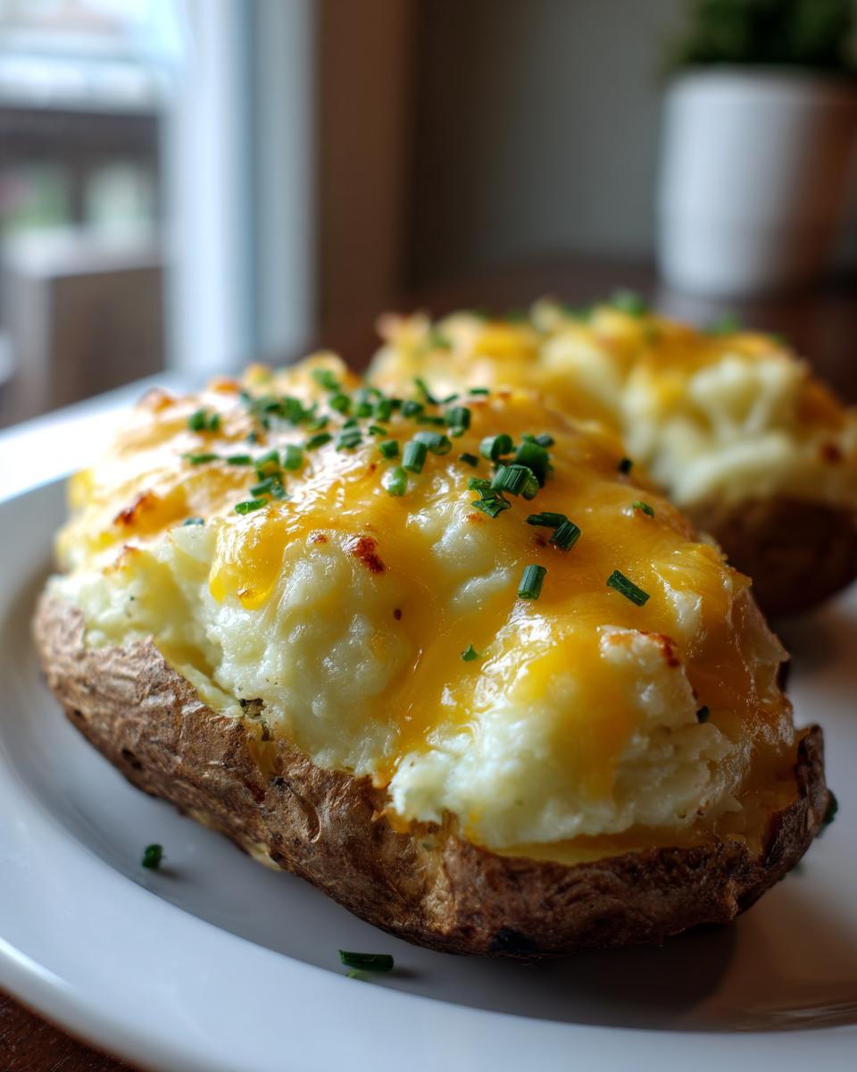 A close-up of two delicious twice baked potatoes, stuffed with creamy filling, melted cheddar cheese, and topped with fresh chives.