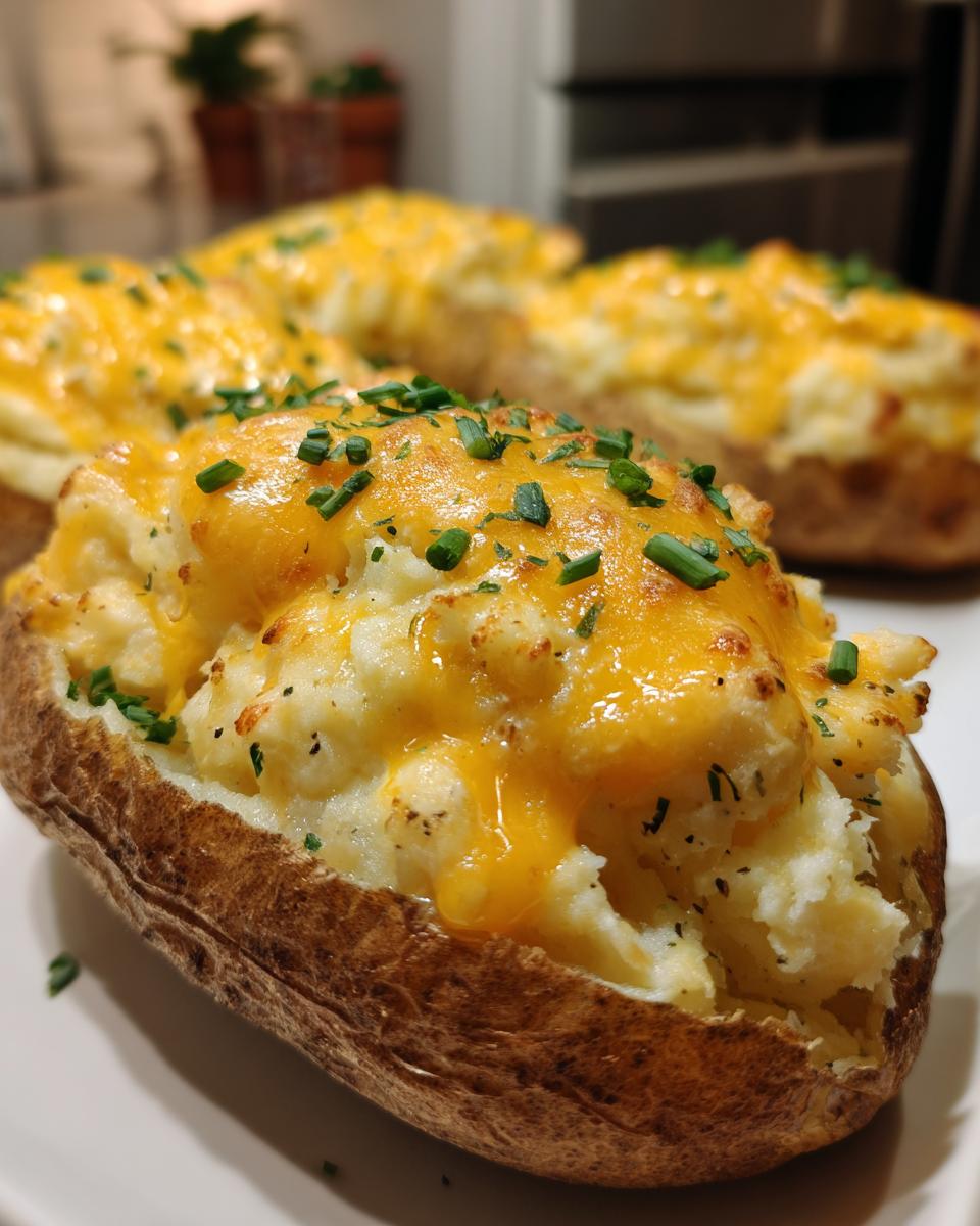 A close-up of one perfectly prepared twice baked potatoes, topped with melted cheddar cheese and fresh green chives.