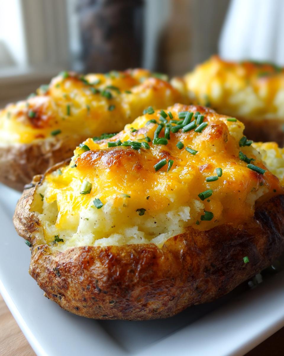 A close-up of a perfectly baked twice baked potatoes, stuffed with creamy filling, topped with melted cheddar cheese and fresh chives.