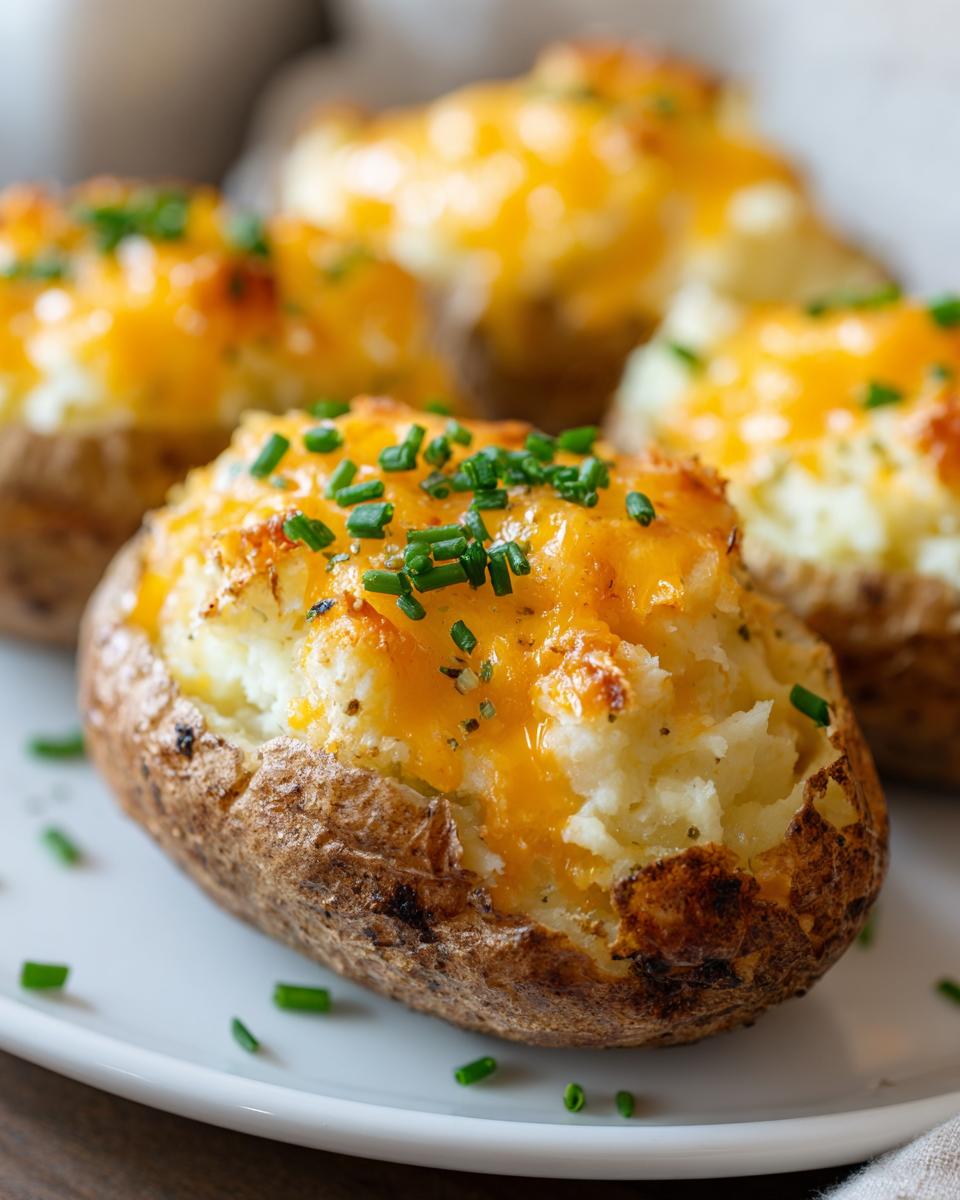 Close-up of a perfectly baked twice baked potatoes topped with melted cheddar cheese and fresh chives.