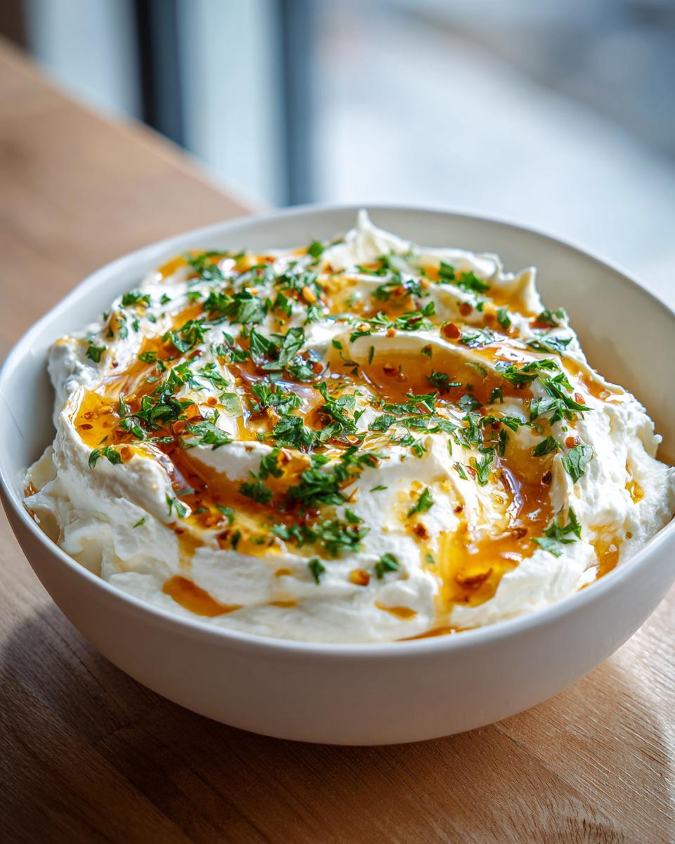 A white bowl filled with creamy ricotta dip, drizzled with chili oil and topped with fresh chopped parsley.