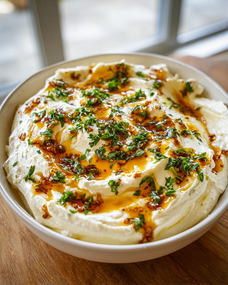 A close-up of a creamy ricotta dip garnished generously with olive oil, spices, and fresh chopped parsley.