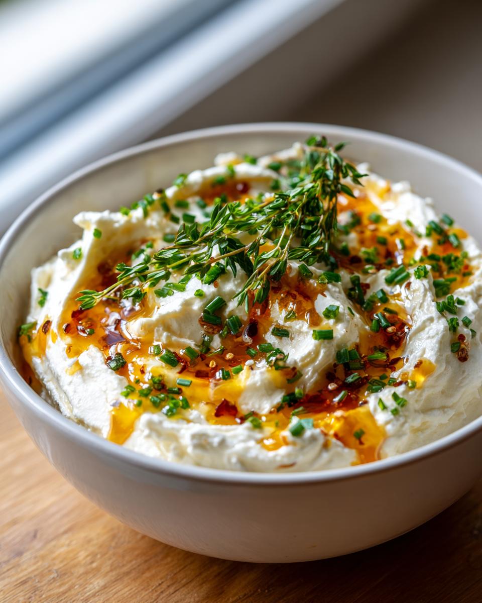 Close-up of creamy whipped ricotta dip topped with chili-infused honey, chives, and fresh thyme.