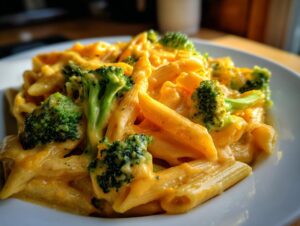 Close-up of creamy, cheesy broccoli pasta featuring penne noodles and bright green broccoli florets.
