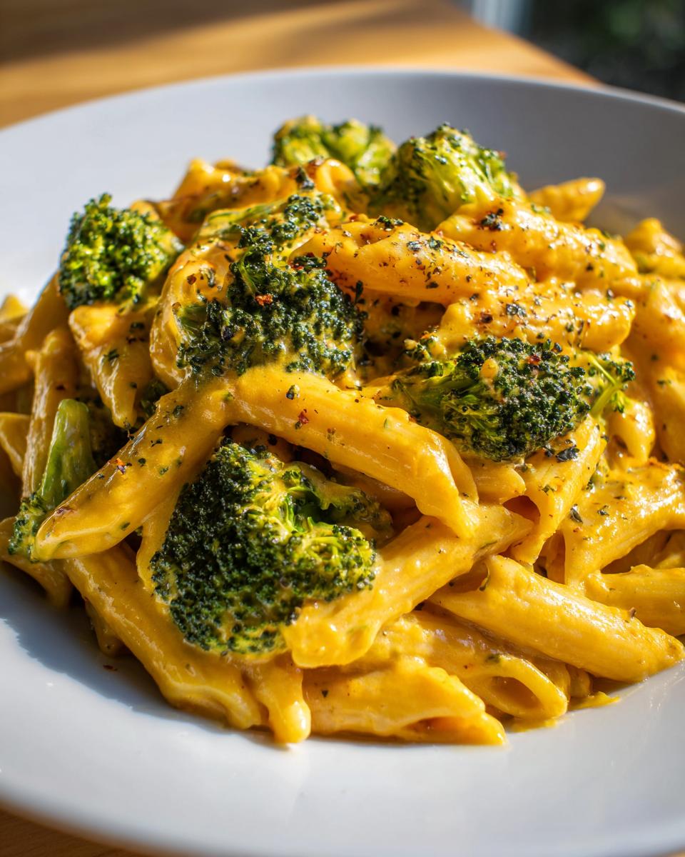 Close-up of creamy, cheesy 1-pot broccoli pasta featuring penne noodles and bright green broccoli florets.