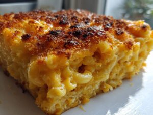 Close-up of a thick slice of baked mac and cheese recipe, showing creamy pasta and a dark, crispy, golden-brown topping.