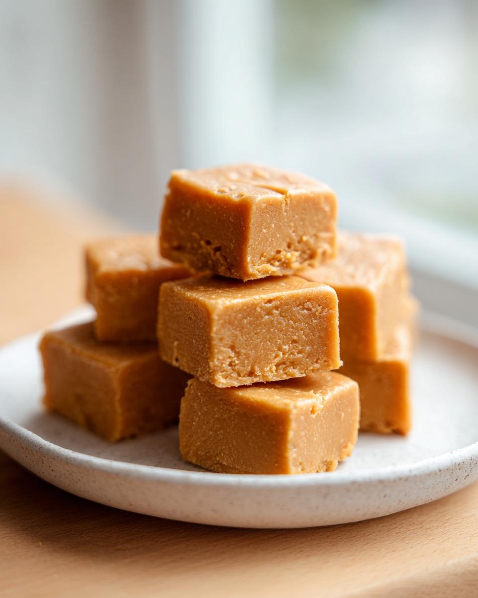 A close-up stack of creamy, light brown peanut butter fudge squares resting on a speckled white plate.