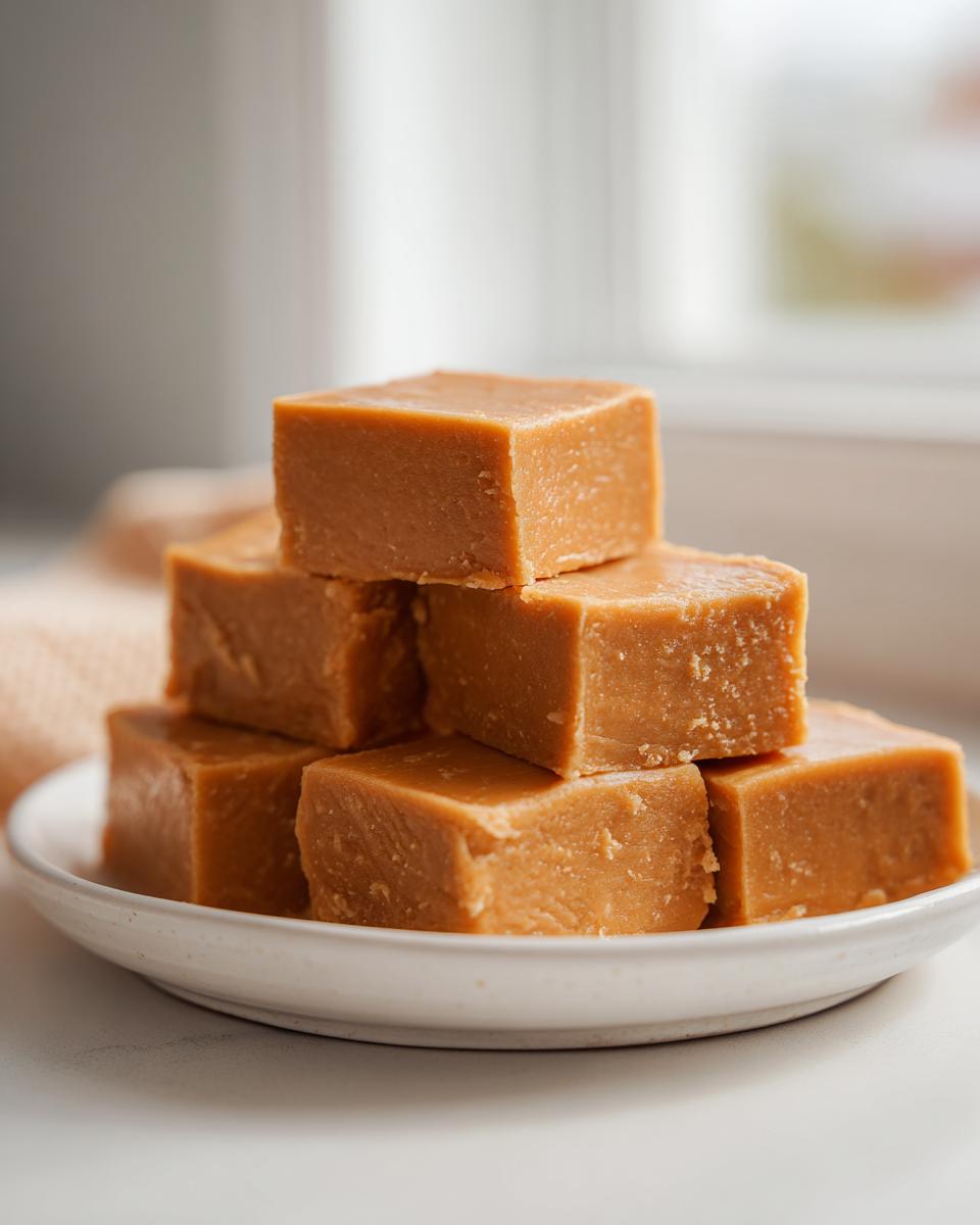 A stack of rich, square pieces of creamy peanut butter fudge resting on a small white plate.
