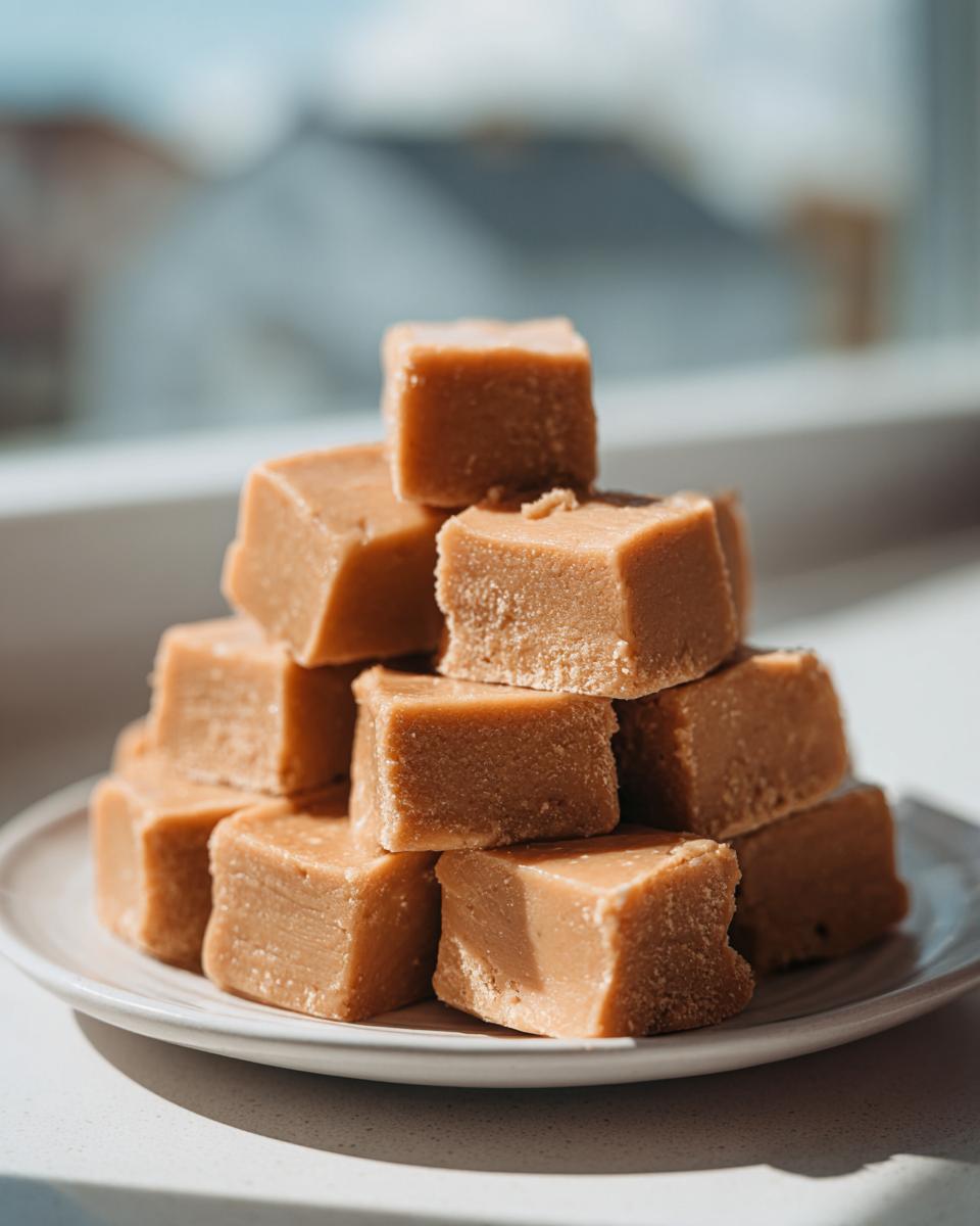 A tempting stack of square peanut butter fudge pieces piled high on a white plate near a window.