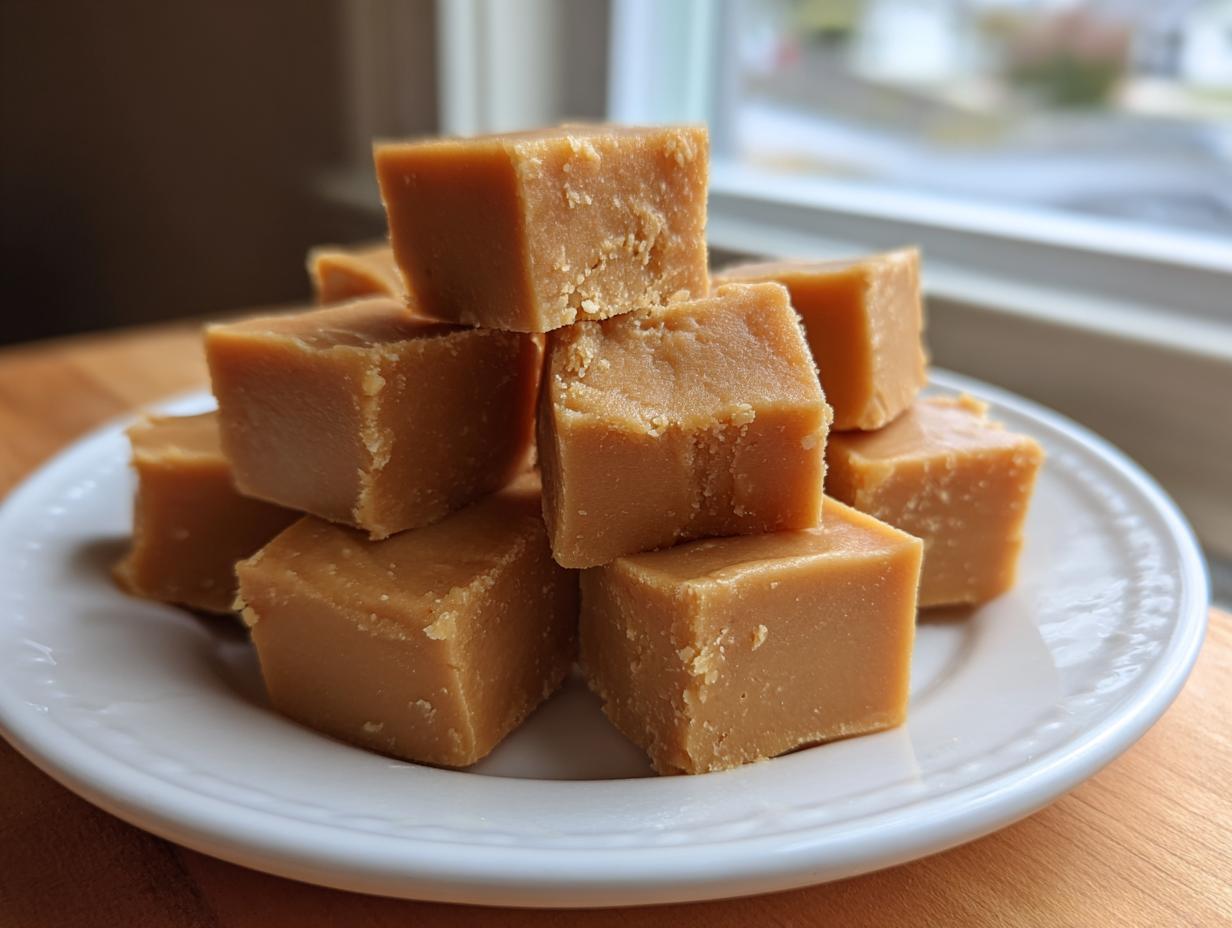 A tempting stack of homemade peanut butter fudge cubes piled high on a white plate.