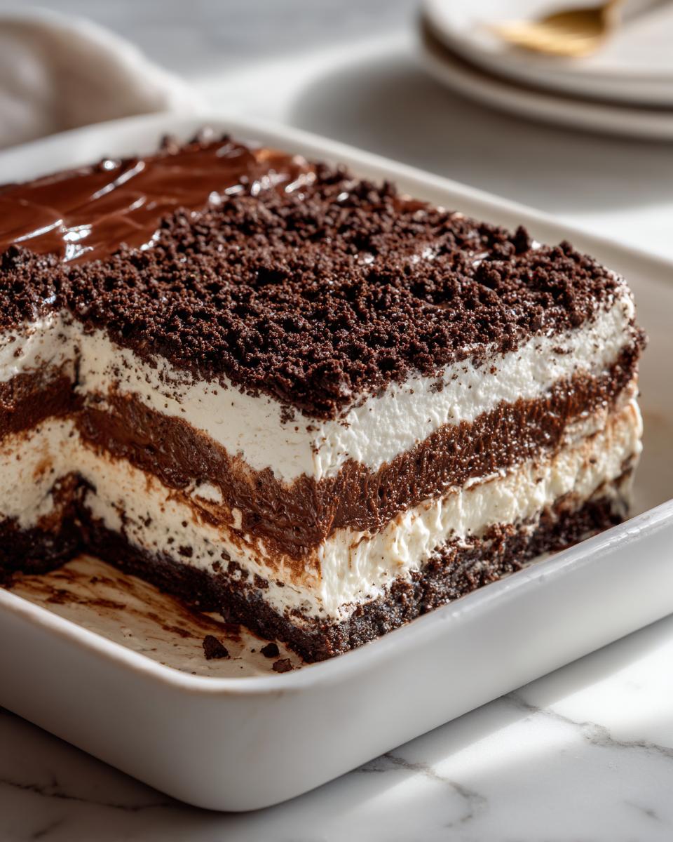 A cross-section view of a rich, layered dirt cake showing alternating chocolate pudding and cream cheese layers topped with cookie crumbs.