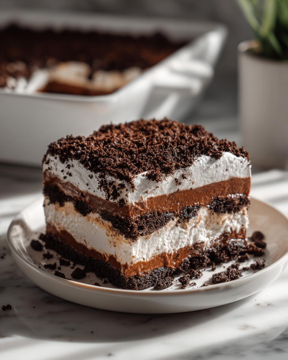 A square slice of rich, 4-layer dirt cake showing alternating layers of chocolate pudding, cream, and crushed cookie crumbs.