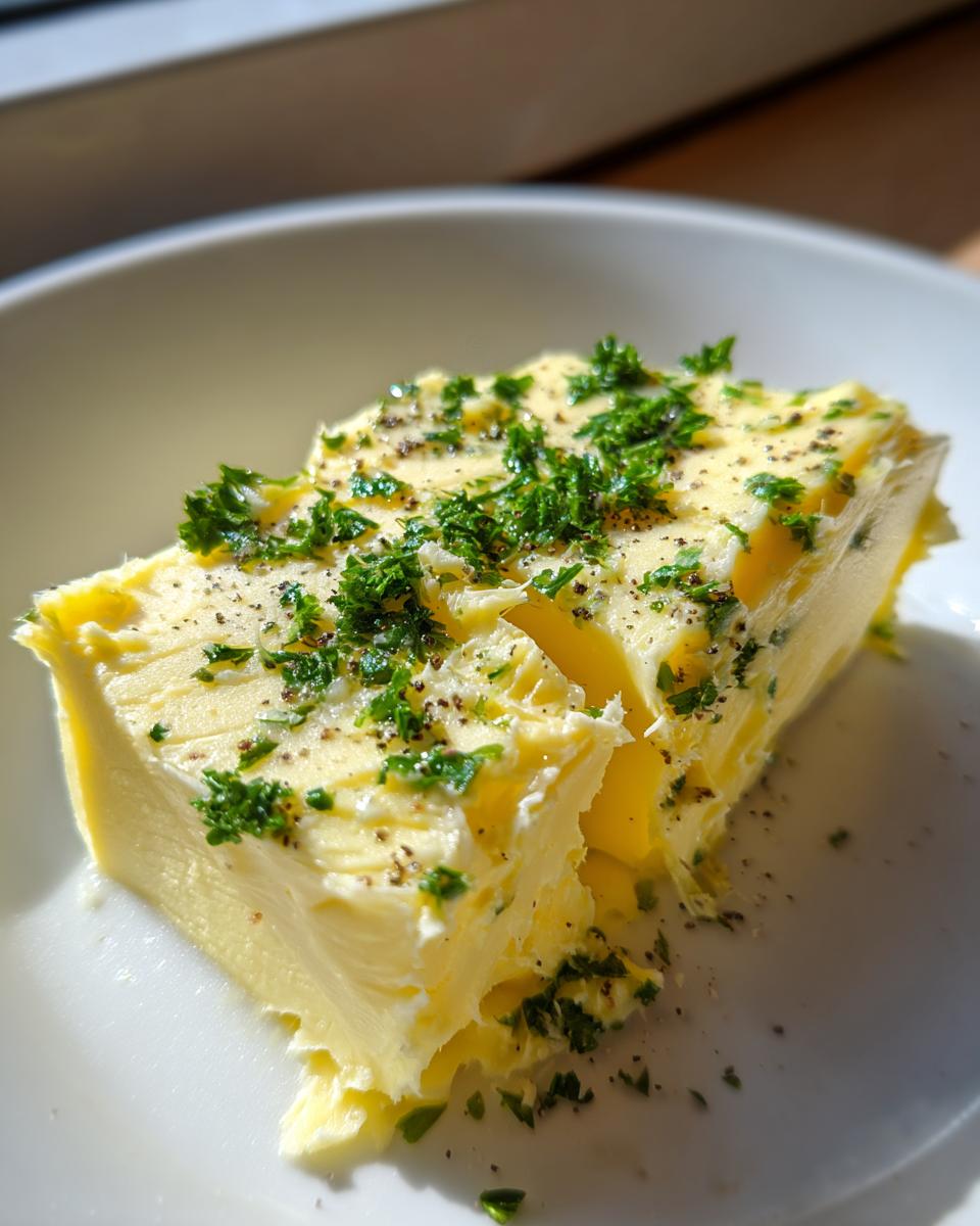 A block of freshly made garlic butter topped with chopped parsley and black pepper, sitting on a white dish.