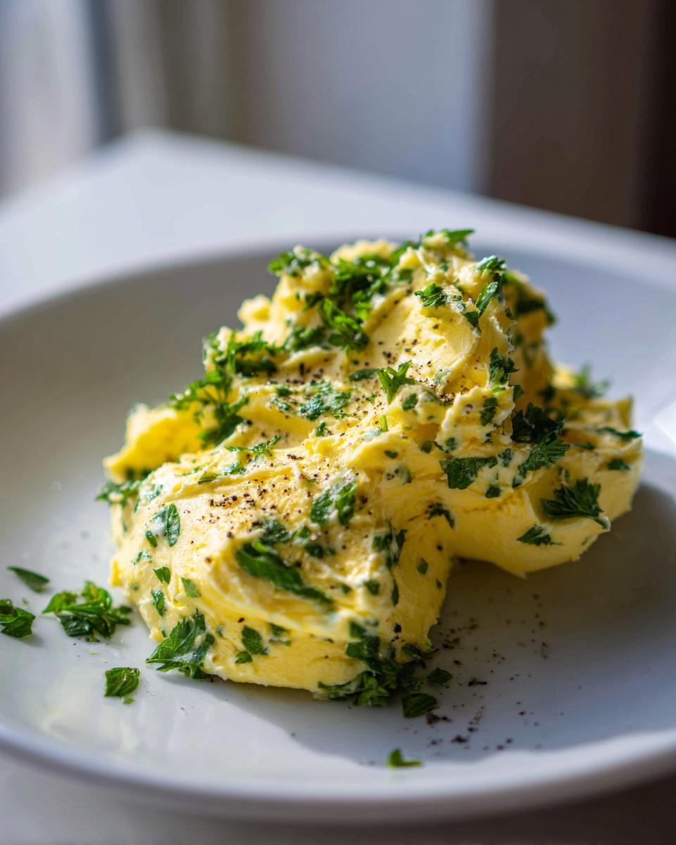 A dollop of rich, yellow garlic butter mixed with chopped green parsley and black pepper on a white plate.
