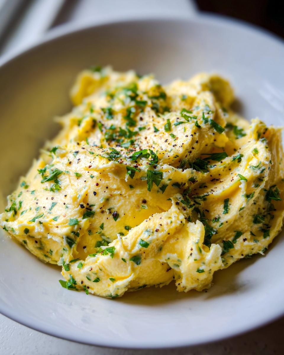 Close-up of creamy, whipped garlic butter mixed with fresh green herbs and black pepper.