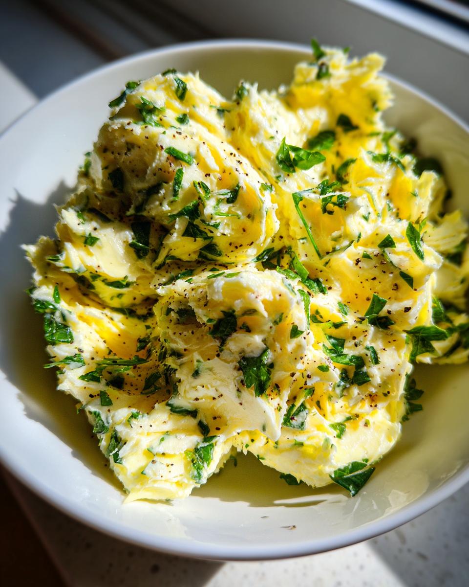 A close-up of whipped, bright yellow garlic butter mixed with fresh green parsley and black pepper in a white bowl.