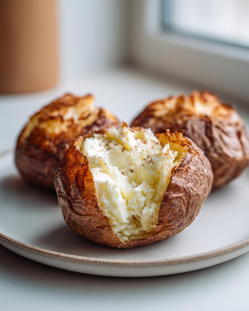 Close-up of a fluffy air fryer baked potato split open with melting butter inside.