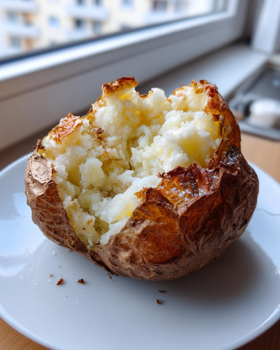 Close-up of a perfectly cooked air fryer baked potato, split open to show fluffy white interior and crispy skin.