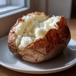 A perfectly cooked air fryer baked potato, split open to reveal fluffy white interior and crispy brown skin.