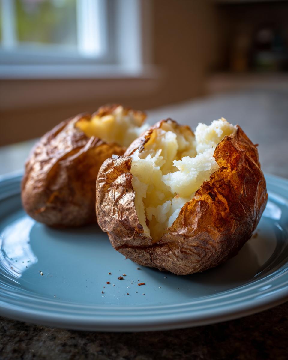 Two fluffy air fryer baked potato halves with crispy skins served on a light blue plate.