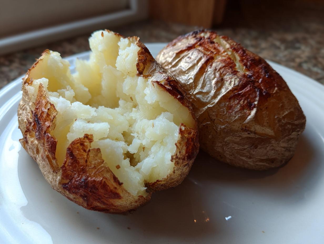 Close-up of a perfectly cooked air fryer baked potato, split open to show the fluffy interior.