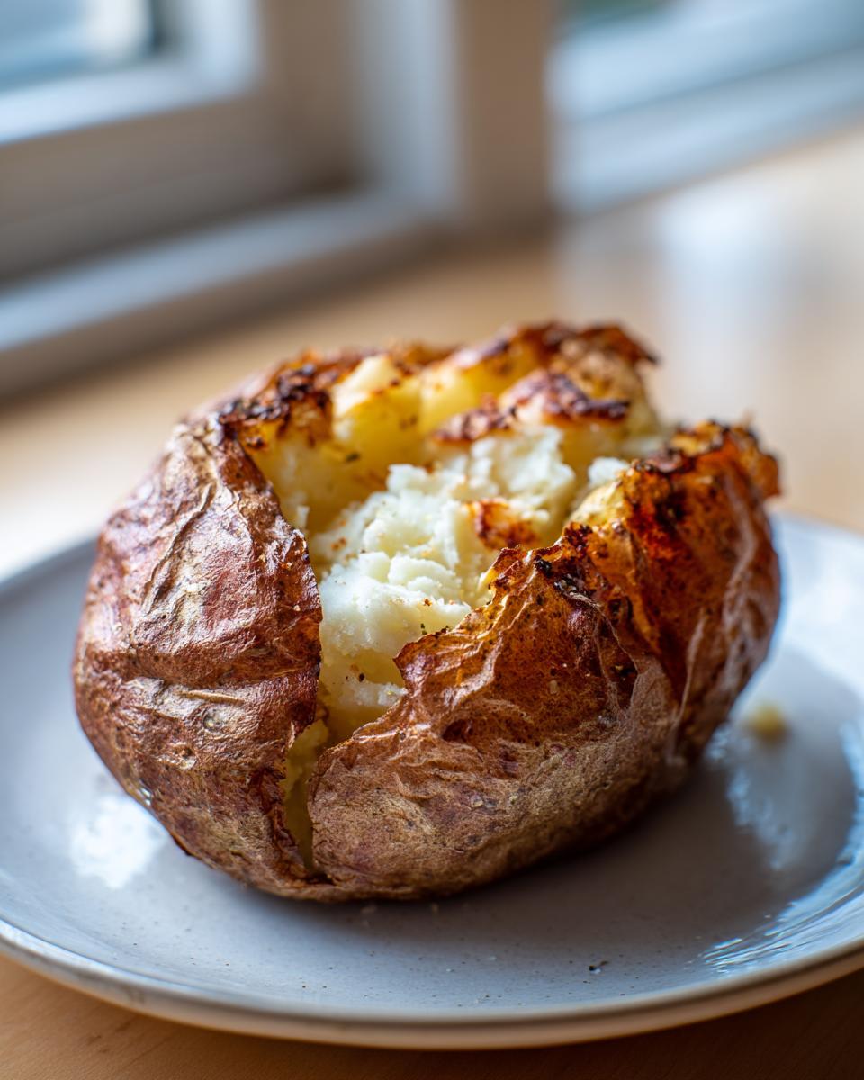 A perfectly cooked air fryer baked potato, split open to show fluffy white interior and crispy brown skin.