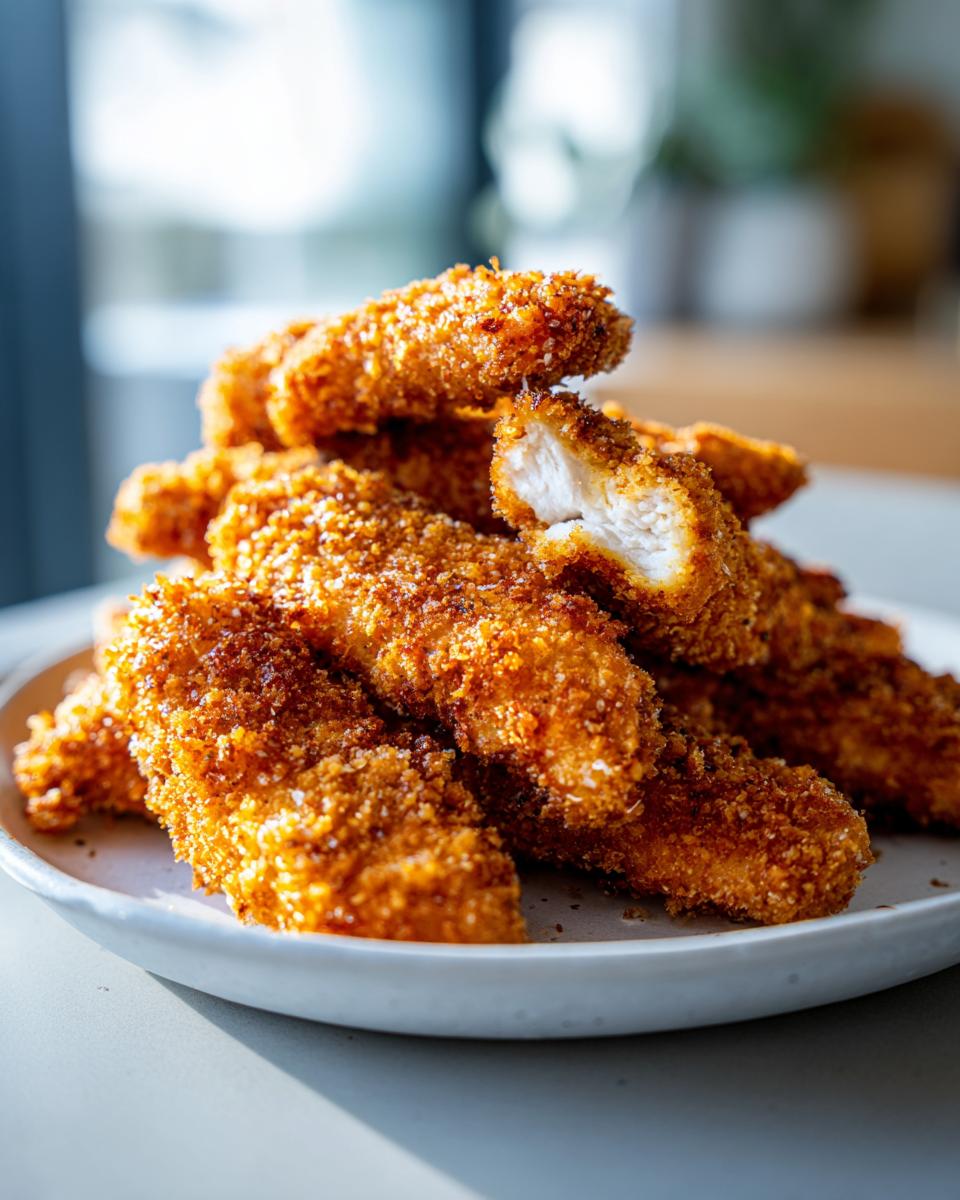 A close-up of a stack of golden brown, crispy air fryer chicken tenders, one broken open showing white meat.