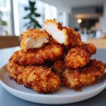 A stack of crispy, golden brown air fryer chicken tenders, with one tender cut open to show juicy white meat inside.