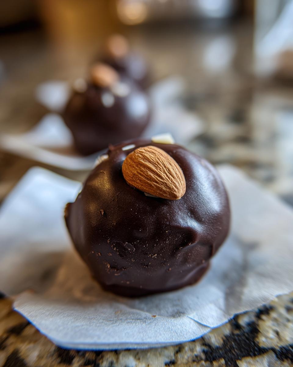A close-up, shallow depth-of-field shot of one of the homemade almond joy truffles, coated in dark chocolate and topped with a whole almond.