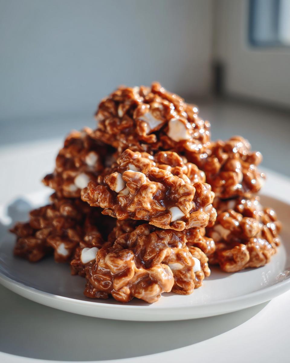 A close-up stack of glossy, chocolatey avalanche cookies mixed with white marshmallows on a white plate.