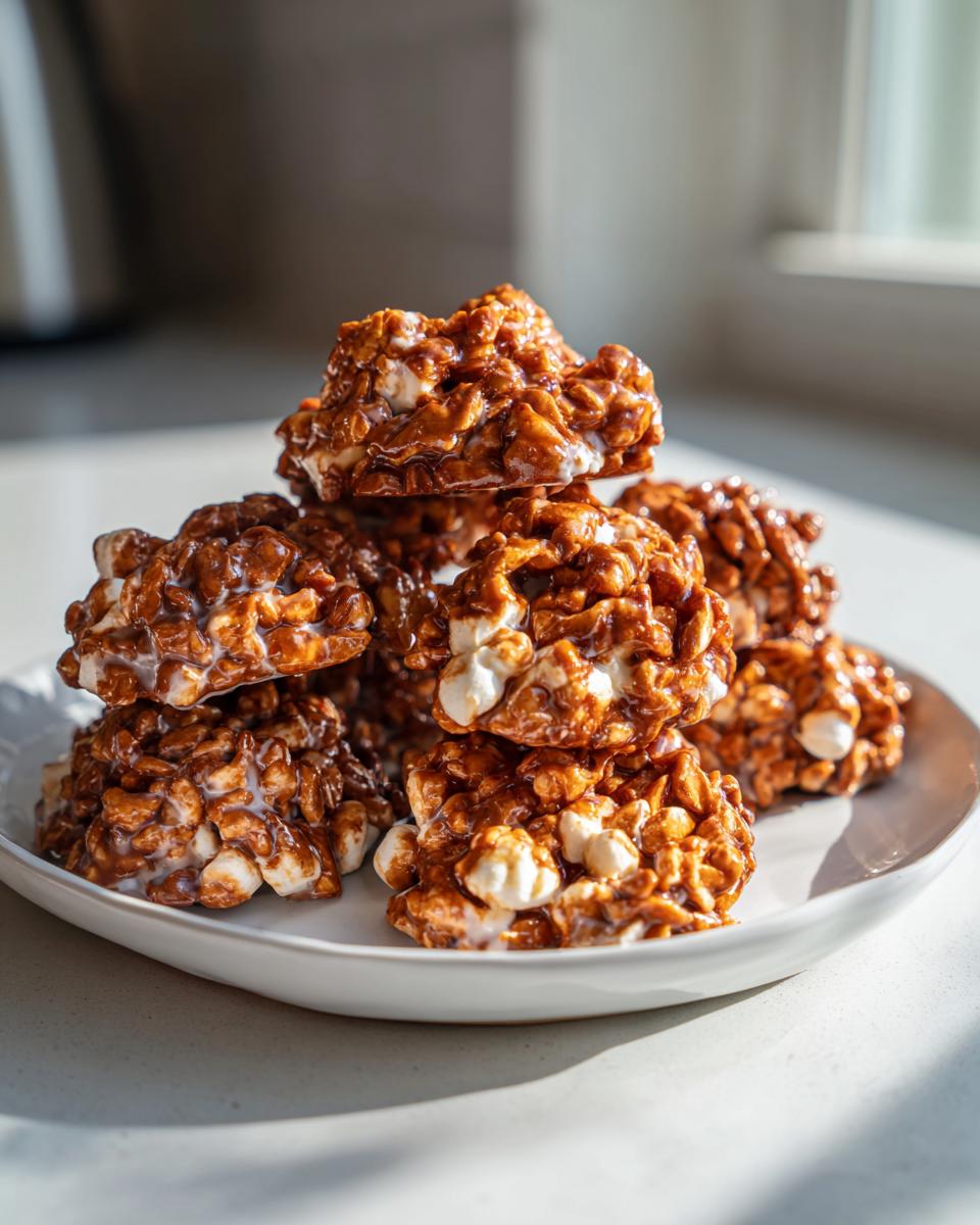 A stack of rich, glossy avalanche cookies featuring cereal and visible white marshmallows on a white plate.