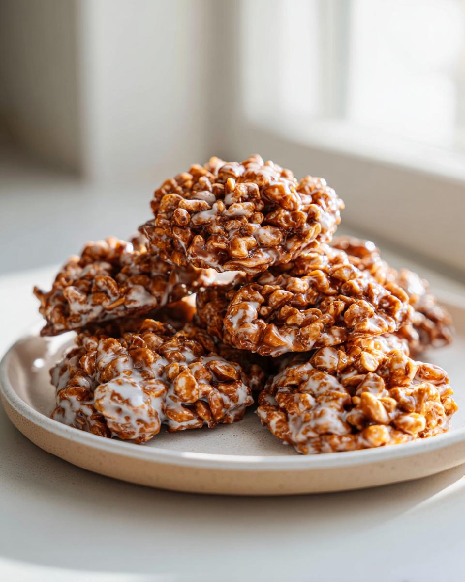 A small stack of rich, brown avalanche cookies drizzled with white icing on a light ceramic plate.